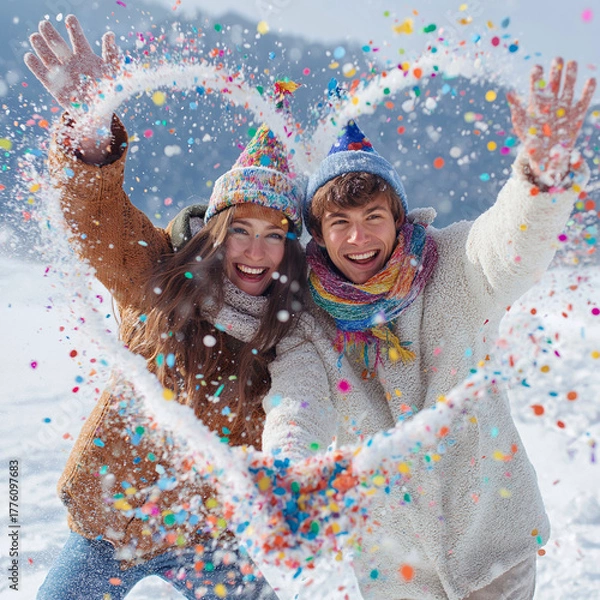Obraz Couple wearing party hats throwing colorful confetti over heart shape they created in snow, confetti falling creating rainbow effect, New Year celebration, joyful expressions, winter landscape