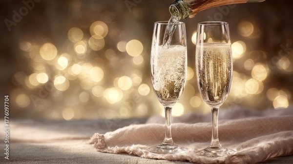 Fototapeta Two champagne flutes filled with sparkling wine. Bokeh lights create a festive atmosphere. Perfect for celebrations and special occasions.