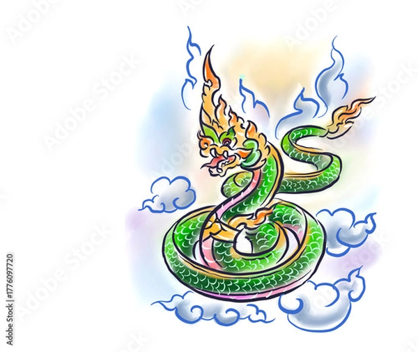 Fototapeta Asian dragon with clouds digital art for card decoration illustration