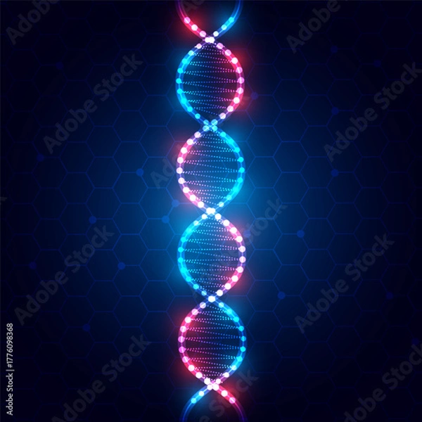 Obraz Abstract Digital Network Background with Glowing DNA and Hexagon Structure.