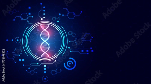 Obraz Abstract Digital Network Background with Glowing DNA and Hexagon Structure.