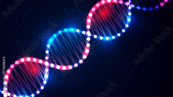 Obraz Abstract Digital Network Background with Glowing DNA and Hexagon Structure.