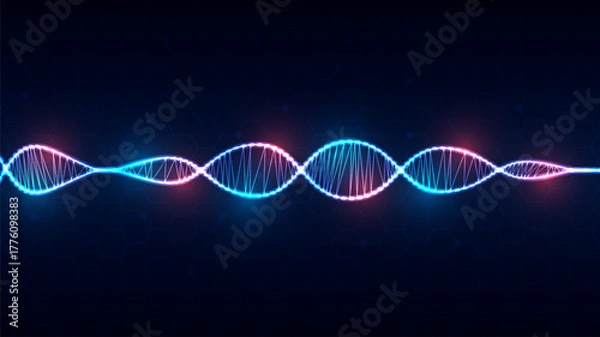 Obraz Abstract Digital Network Background with Glowing DNA and Hexagon Structure.