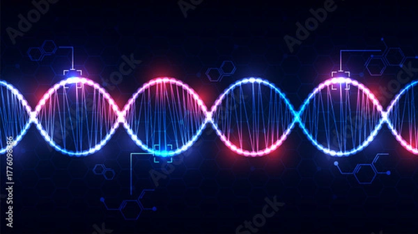 Obraz Abstract Digital Network Background with Glowing DNA and Hexagon Structure.