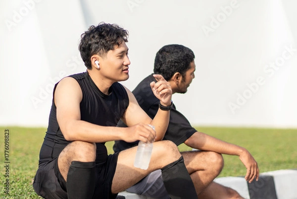 Obraz Asian Indonesian Men Resting and Drinking Water After Running