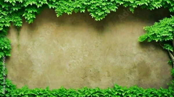 Fototapeta Green leaves frame on natural beige wall background with copy space and organic texture. Generative AI.