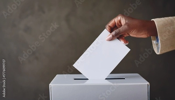 Fototapeta hand of black woman putting ballot into voting box; free space for text