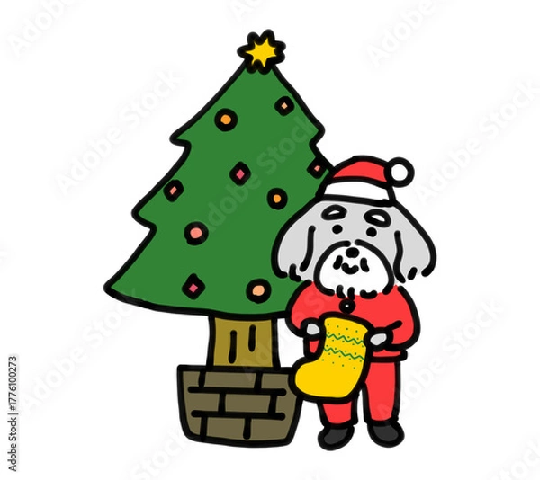 Obraz クリスマスツリーと靴下を持った手描きの犬