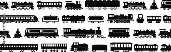 Obraz Train silhouette vector set, steam locomotive, modern railcar, freight wagon, tanker, caboose icons, black transport illustration, railway vehicle design, vintage style