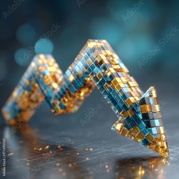 Fototapeta Downward arrow constructed from reflective cubes indicating financial decline or loss trend