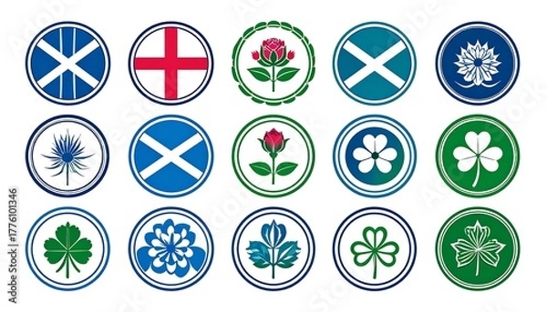 Fototapeta Botanical symbols of nations with cross/floral emblems set in circles with white outline on a white background