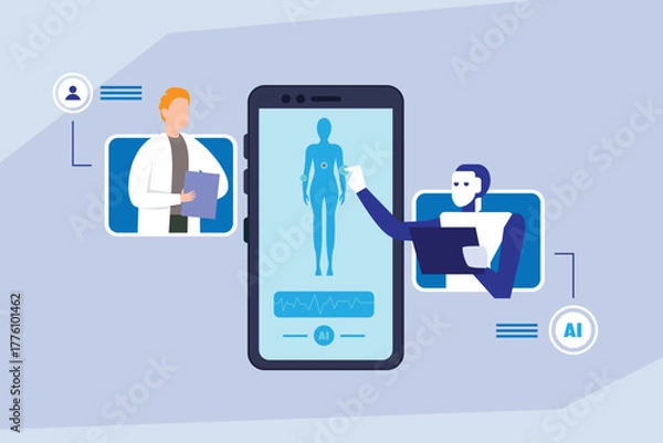 Obraz Telemedicine and AI Doctor Collaboration. Artificial Intelligence Robot and Human Physician Diagnosing Patient Health Data on Mobile Phone Application 2d flat vector illustrations
