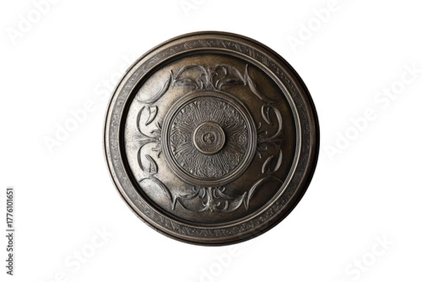 Fototapeta Abstract metal object sculpture isolated on transparent background. Circular metal object with a design isolated on white background.