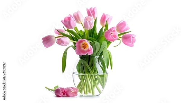 Obraz Bouquet of soft pink tulips in a clear vase, against a clean white background, with two tulips lying on the surface