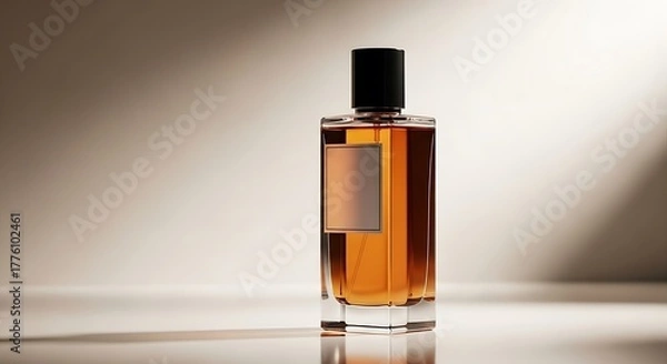 Fototapeta Elegant perfume bottle with amber liquid on reflective surface, perfect for luxury brand advertising or sophisticated product presentation, blank label