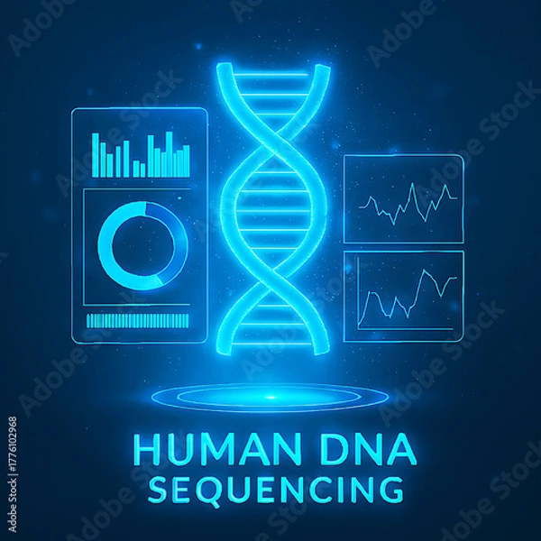 Obraz Human DNA sequencing process with futuristic blue light hologram and digital elements
