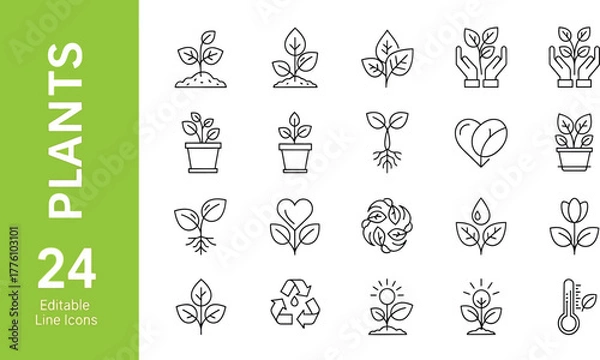 Obraz Set of thin line icons for plants, gardening, and ecology. Editable vector symbols for growth and conservation concepts 48