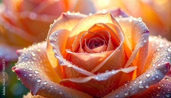 Obraz Close-up of a peach rose, covered in glistening water droplets, illuminated by soft, diffused, warm sunlight