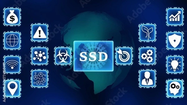 Fototapeta Digital SD technology concept with global network and icons solid state drive computer storage