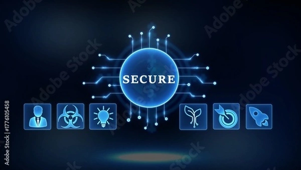 Fototapeta Digital Secure Network with Business and Innovation Icons on Dark Blue Background technology connection