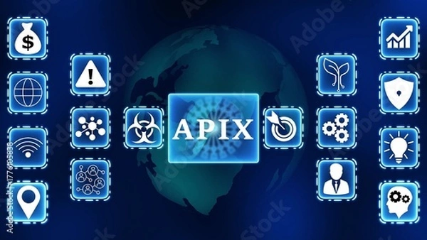 Fototapeta Global Financial Technology Icons Surrounding APIX Symbol on Earth Background APIX cryptocurrency