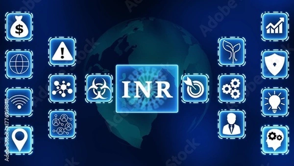 Fototapeta Global Financial Technology Icons Surrounding INR Currency Symbol on Earth Background Indian Rupee