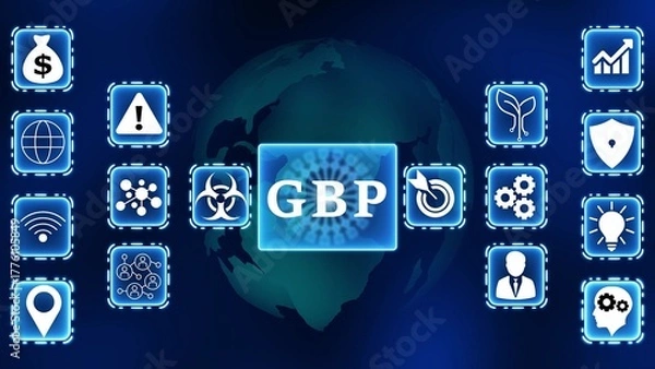 Fototapeta Global Financial Technology Icons Surrounding GBP Currency Symbol on Earth Background Pound Sterling