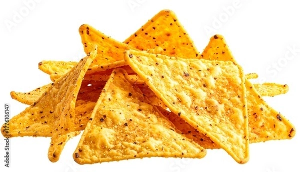 Obraz Close-up of a pile of golden, triangular, textured corn chips on a white background. Crisp and appetizing