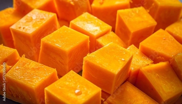 Obraz Close-up of a pile of uniformly cut, vibrant orange cubes, showing textured surfaces with variation in light and shadow
