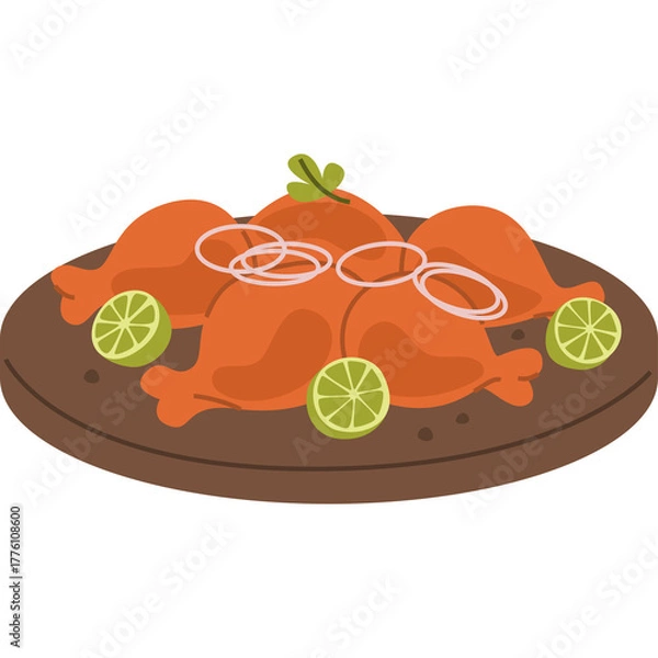 Obraz Delicious Whole Roasted Chicken Served with Lime Slices and Onion Rings on a Wooden Platter Isolated on White Background