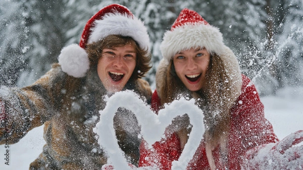 Obraz Playful couple wearing Santa hats having snowball fight around heart shape drawn in snow, laughing joyfully, snow flying in air, heart symbol between them, dynamic action shot, winter forest setting