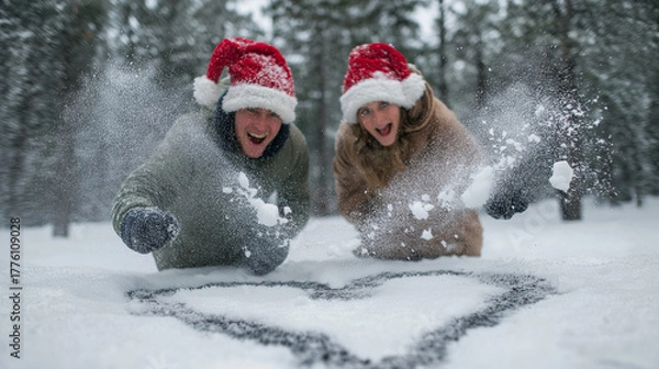 Obraz Playful couple wearing Santa hats having snowball fight around heart shape drawn in snow, laughing joyfully, snow flying in air, heart symbol between them, dynamic action shot, winter forest setting