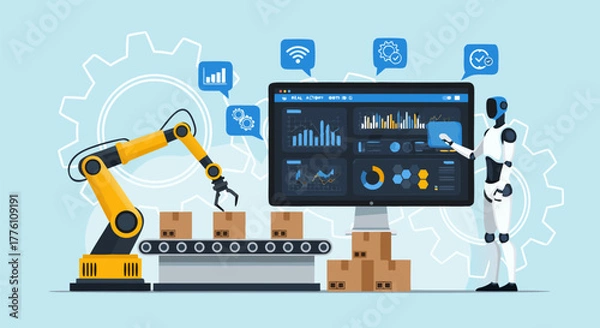 Obraz Modern Business Automation Robotic Arm and AI on Assembly Line, Smart Factory Concept for Industrial Efficiency and Growth