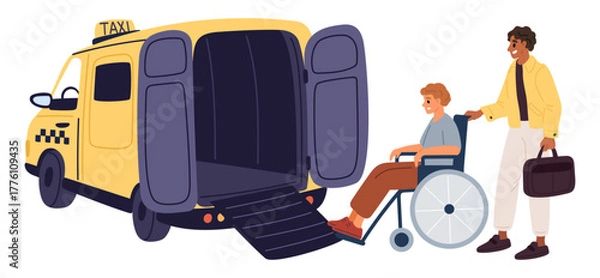 Fototapeta Taxi driver for people with disabilities helps man in wheelchair get into car. Paralyzed passenger. Injured character boarding in automobile cabin with chauffeur support. Vector concept