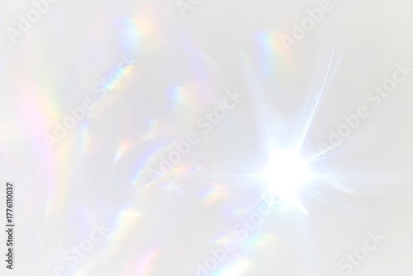 Obraz Minimal abstract background with soft iridescent light flares and subtle rainbow reflections on a white surface. Gentle, dreamy lighting and smooth gradients create an airy, ethereal, and elegant atmo