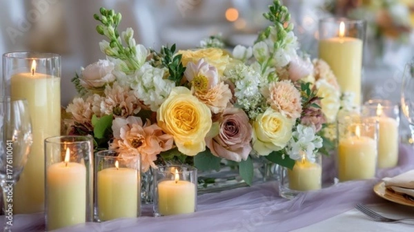 Fototapeta Beautiful floral arrangement featuring yellow roses, soft pink blooms, and white flowers, surrounded by glowing candles, creating an elegant atmosphere for special occasions