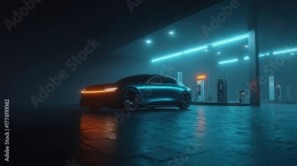 Fototapeta Futuristic electric car parked at a neon-lit charging station in a misty environment, showcasing modern design and advanced technology in an atmospheric setting