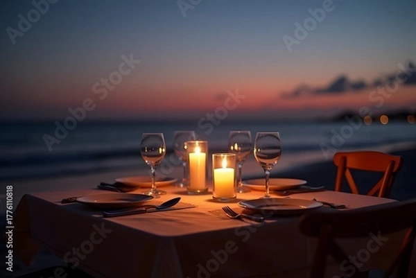 Obraz Candlelit dinner table set for two on a beach at twilight.