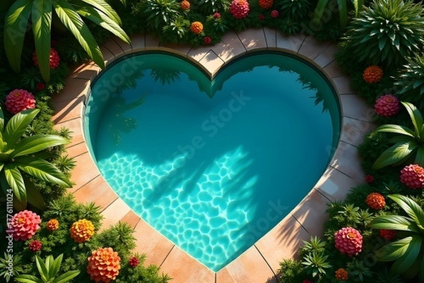 Obraz Heart-shaped pool surrounded by tropical flowers viewed from above.