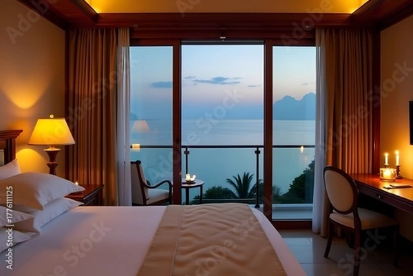 Fototapeta Luxurious honeymoon suite with panoramic sea view and glowing candles.