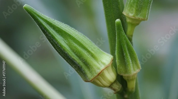 Fototapeta Okra Pods Stacked on Dark Background in Close-Up