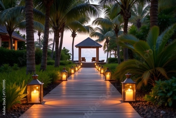 Obraz Pathway lined with lanterns leading to a private beach cabana.