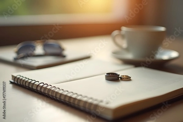 Obraz Open journal and wedding rings on a table beside morning coffee.