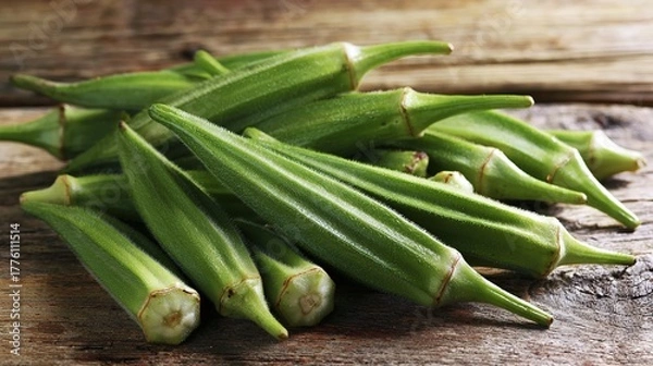 Fototapeta Okra Pods Stacked on Dark Background in Close-Up
