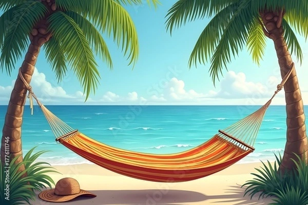 Obraz A hammock swaying between two coconut trees with a hat and book left behind.