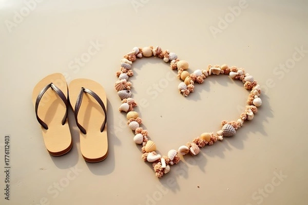 Obraz Pair of flip-flops left on sand beside heart drawn with seashells.