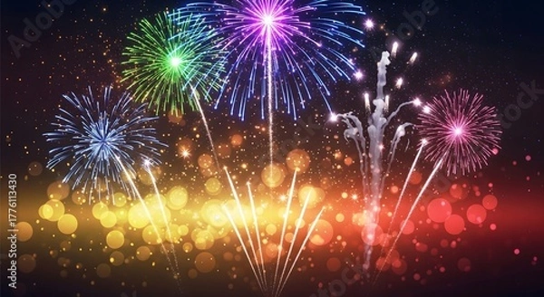 Fototapeta Stunning, colorful fireworks exploding in the night sky, featuring vibrant bursts over a dazzling bokeh and sparkling glitter foreground, perfect for a celebration background