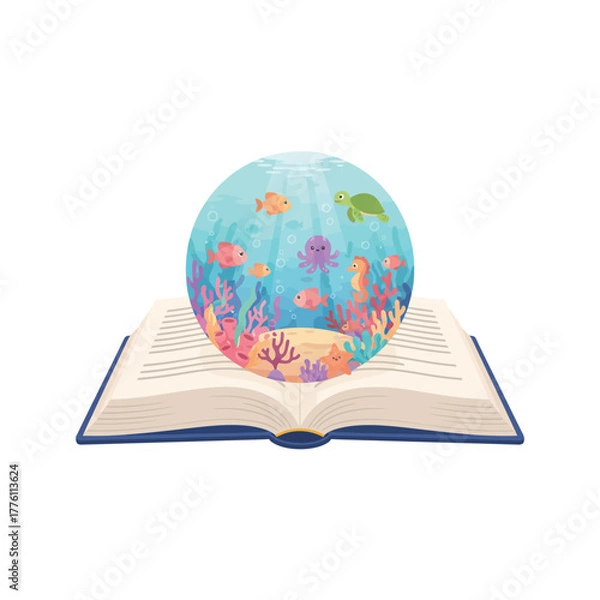 Fototapeta An open book with a vibrant spherical underwater world featuring fish, a turtle, an octopus, and colorful coral emerging from its pages.