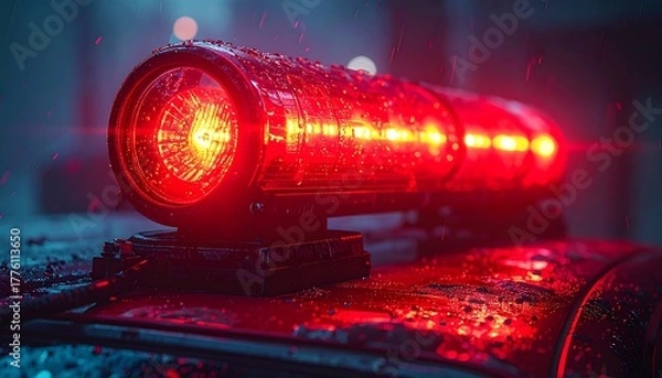 Obraz Close-up of a red emergency light, rain-splattered, atop a vehicle at night, with blurred bokeh in the background