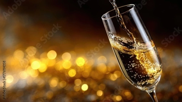 Fototapeta Sparkling beverage being poured into a clear glass flute, with golden bokeh background creating a festive atmosphere, perfect for celebrations and special occasions